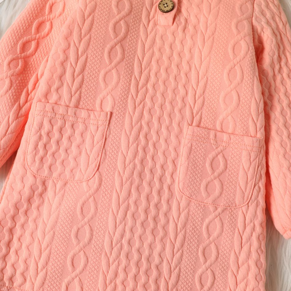 Toddler Girl Button Design Cable Knit Textured Hooded Dress Pink big image 5