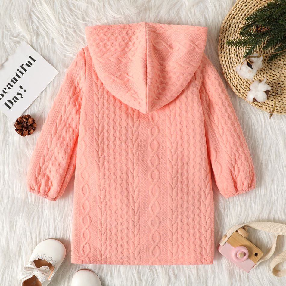 Toddler Girl Button Design Cable Knit Textured Hooded Dress Pink big image 3