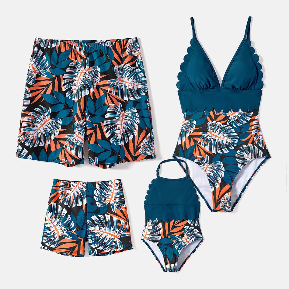Family Matching Plant Print Scallop Edge Spliced One-piece Swimsuit and Swim Trunks Blue