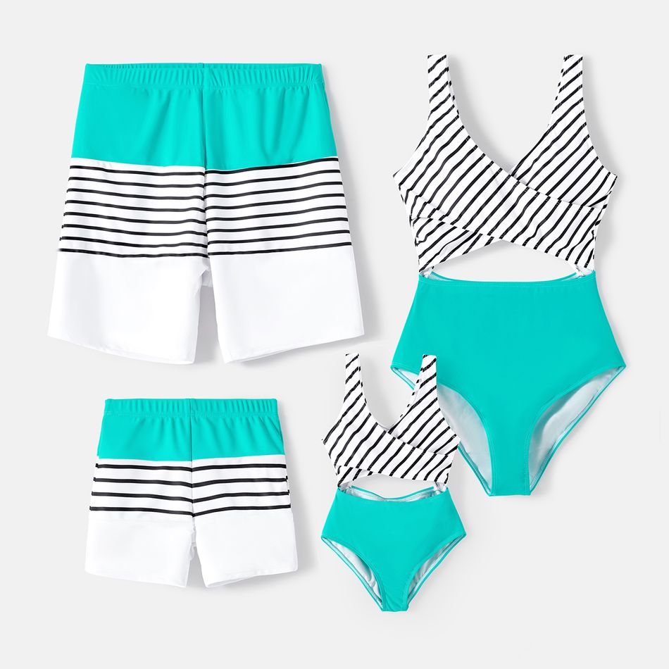 Family Matching Striped Spliced Cut Out One-piece Swimsuit and Colorblock Swim Trunks Green/White big image 1