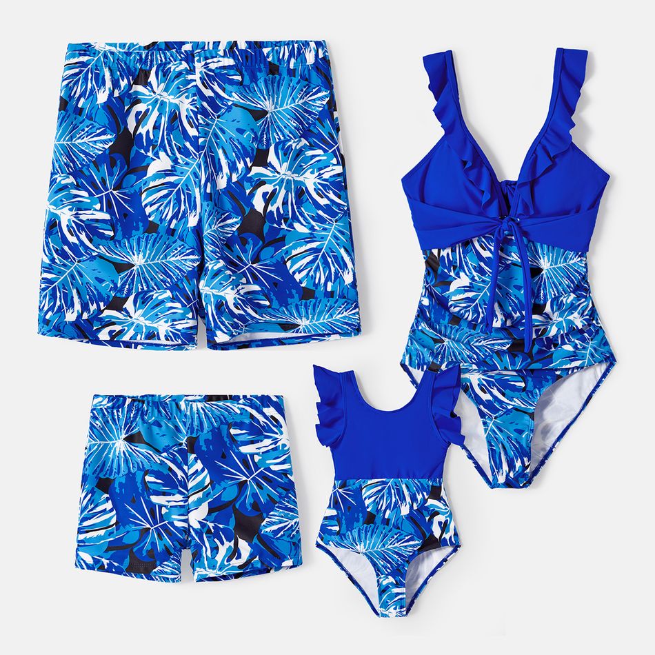 Family Matching Plant Print Swim Trunks and Blue Ruffle Trim Spliced One-piece Swimsuit Blue big image 1