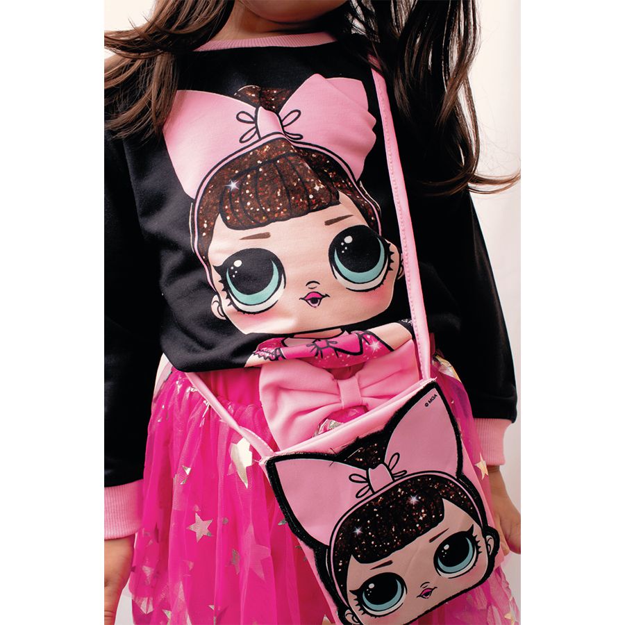 L.O.L. SURPRISE! 3pcs Toddler Girl Character Print Long-sleeve Tee and Star Glitter Design Mesh Skirt and Bag Set Black big image 3