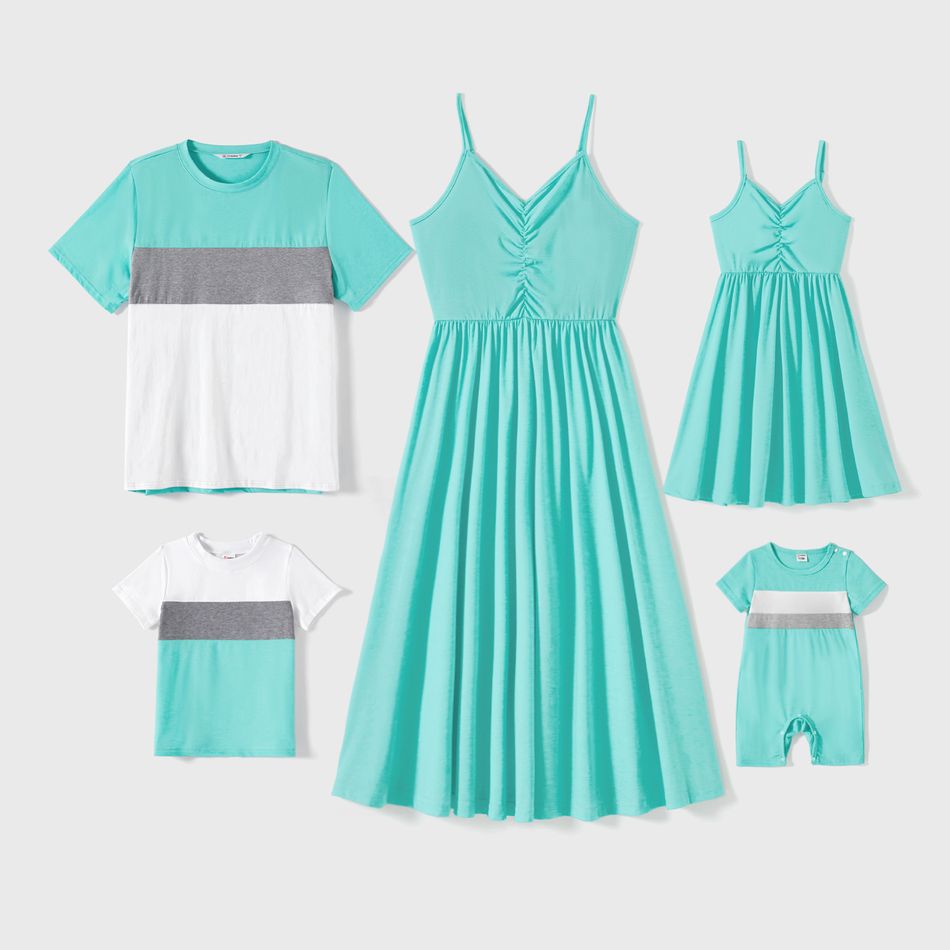 Family Matching 95% Cotton Solid V Neck Ruched Cami Dresses and Colorblock Short-sleeve Tee Sets lightbluewhite
