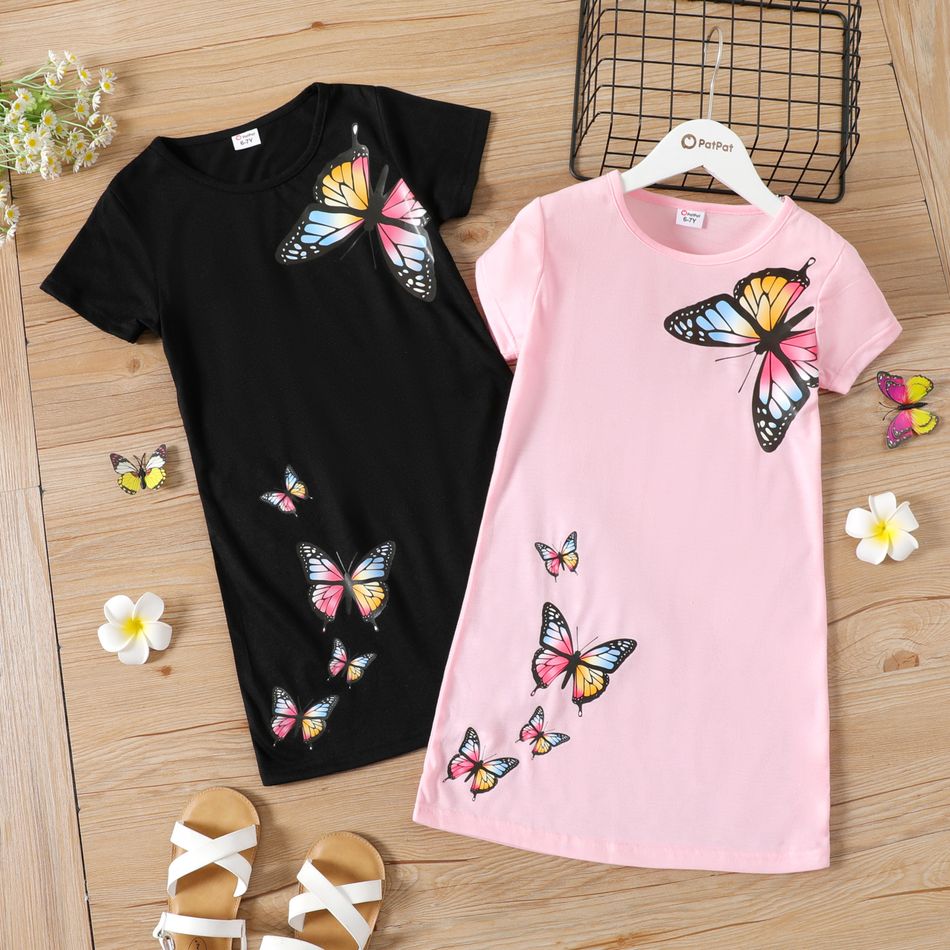 Kid Girl Butterfly Print Cotton Short-sleeve Tee Dress Black big image 6