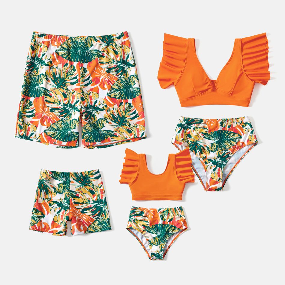 Family Matching Tropical Plant Print Ruffle-sleeve Top & Shorts Swimsuit Orange color