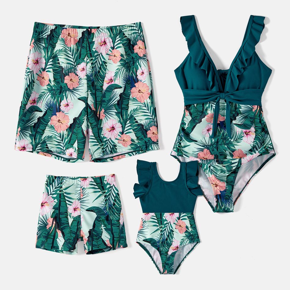 Family Matching Plant Print Ruffle Trim Spliced One-piece Swimsuit or Swim Trunks Green