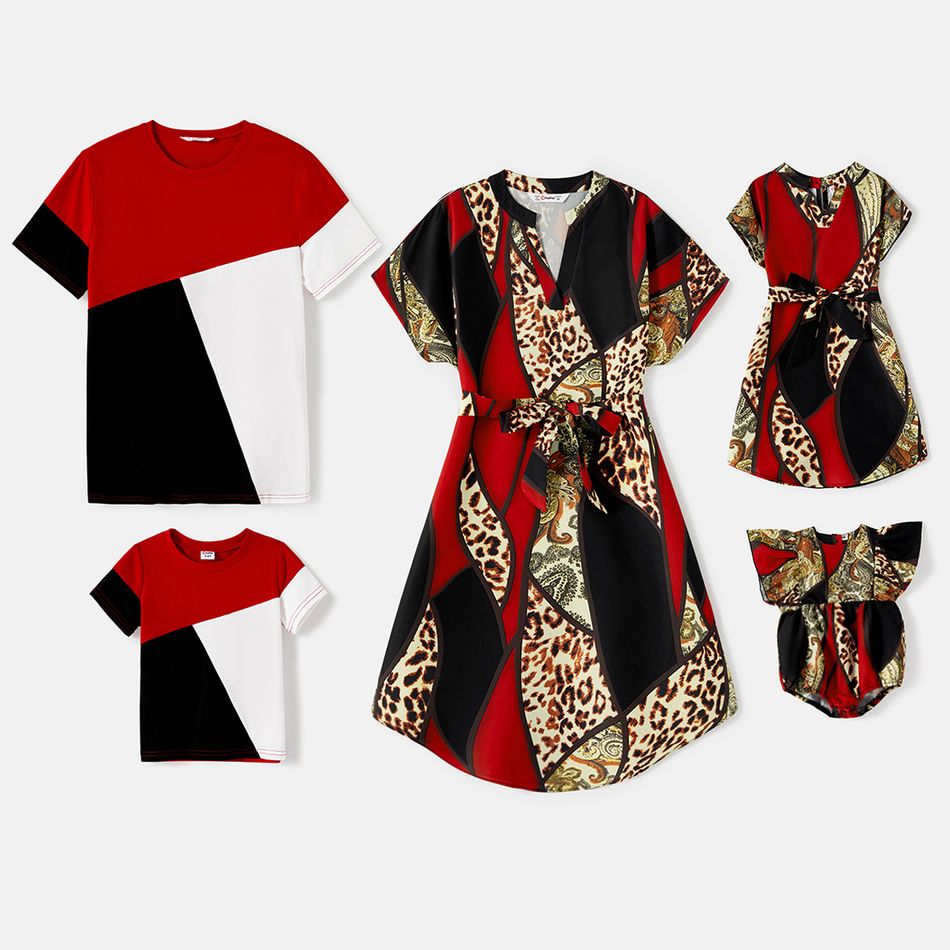 Family Matching Leopard Print Colorblock V Neck Belted Short-sleeve Dresses and T-shirts Sets Multi-color