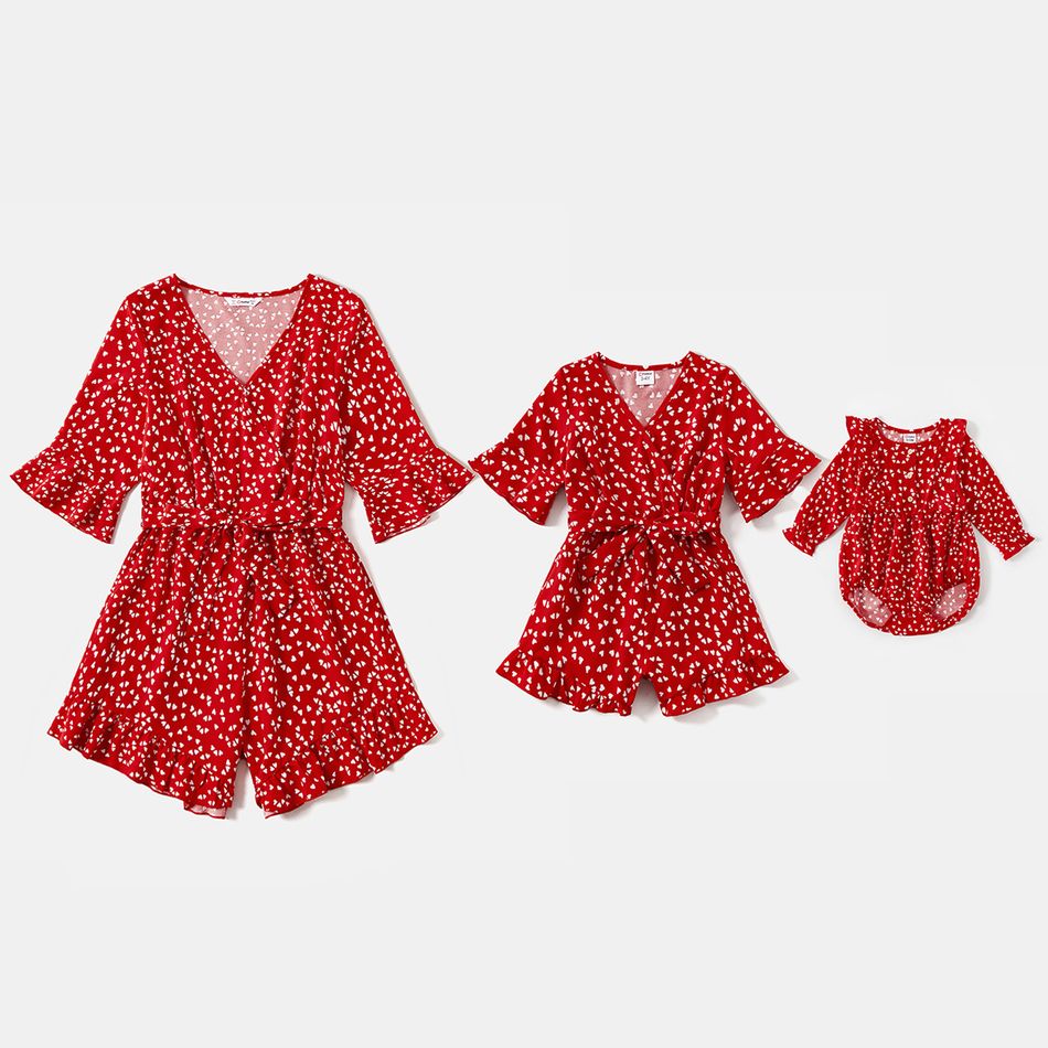 Valentine's Day Mommy and Me Allover Heart Print Red Surplice Neck Ruffle-sleeve Belted Romper Red big image 1