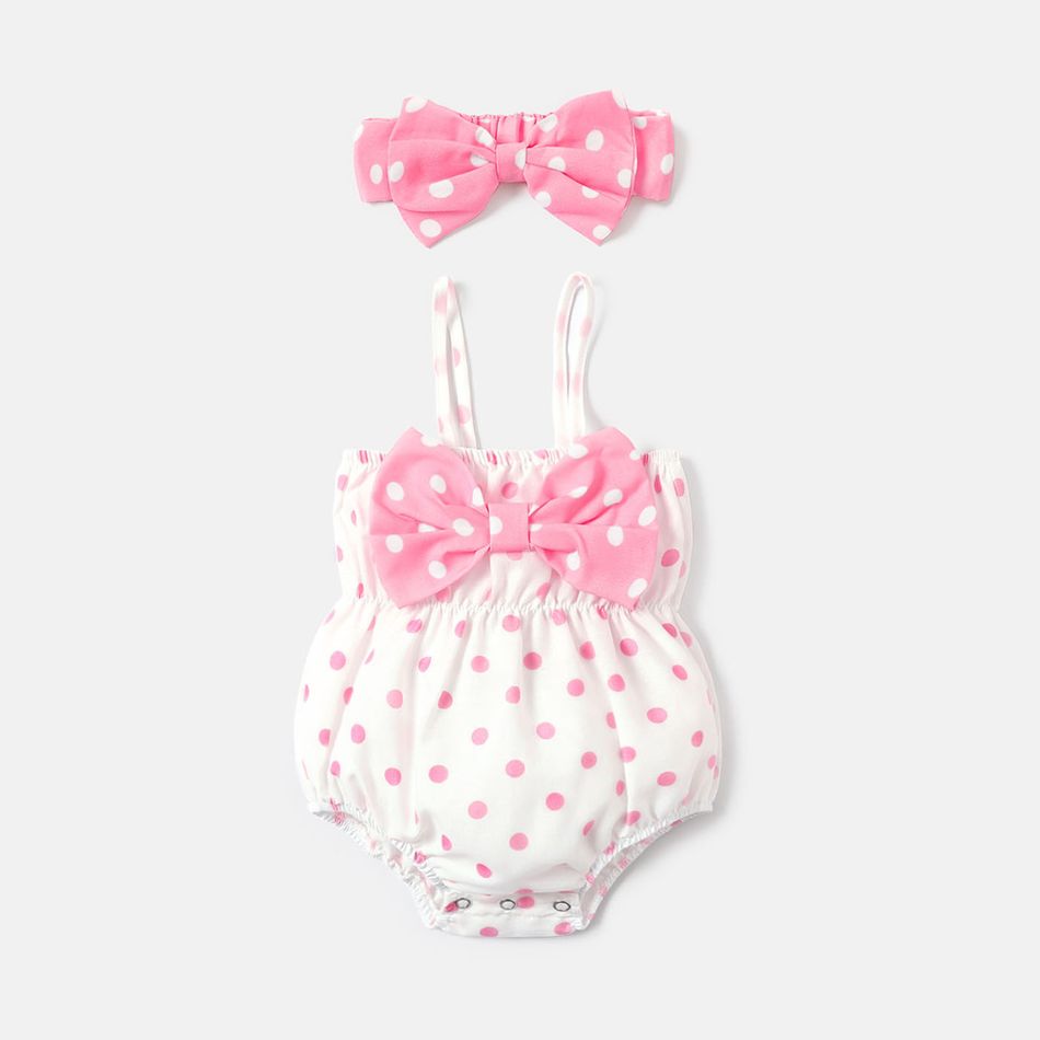 2pcs Baby Girl Polka Dots Print Bow Front Cami Romper & Headband Set Pink big image 1