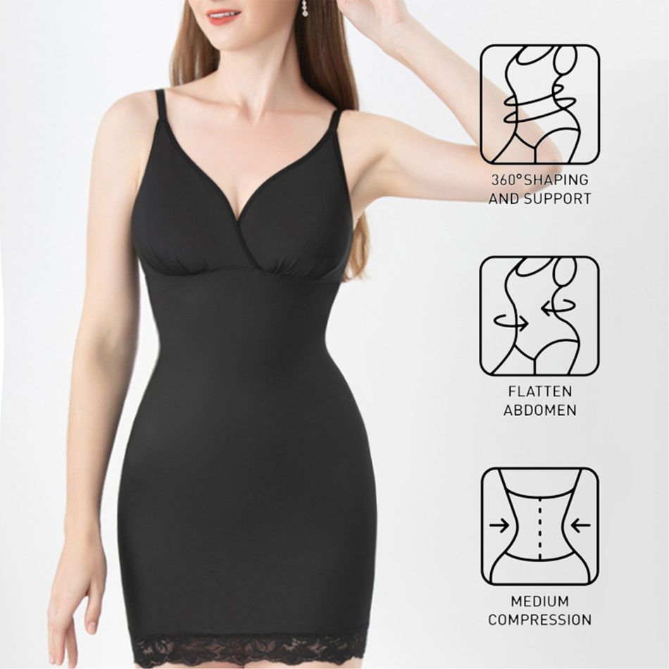 Women Full Slimming Body Shapewear Tummy Control V Neck Slip Dress with Removable Bra Black
