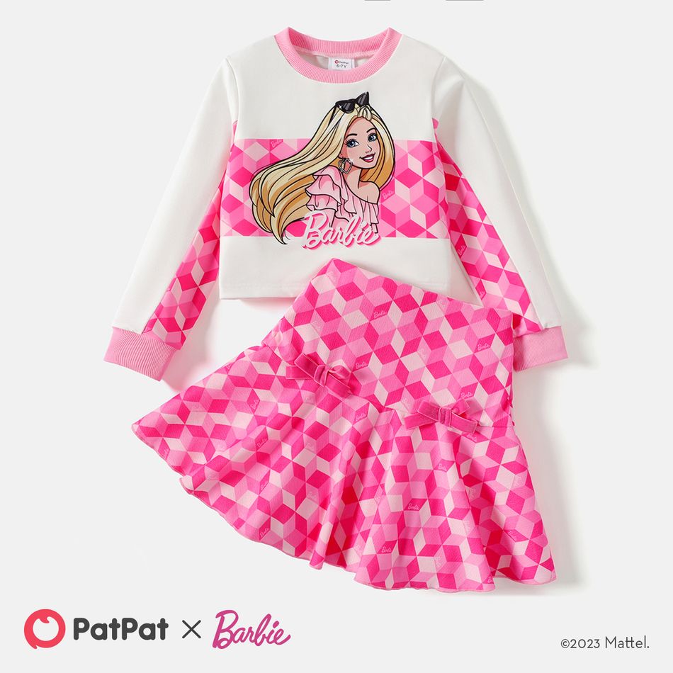 Barbie 2pcs Kid Girl Plaid Colorblock Long-sleeve Tee and Bowknot Design Skirt Set Pink