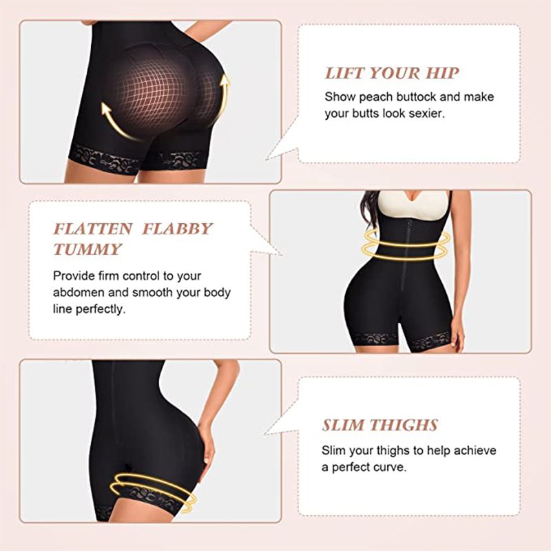 Women Shapewear Tummy Control Body Shaper Lace Trim Butt Lifting Shorts Zipper Open Bust Bodysuit Apricot big image 2