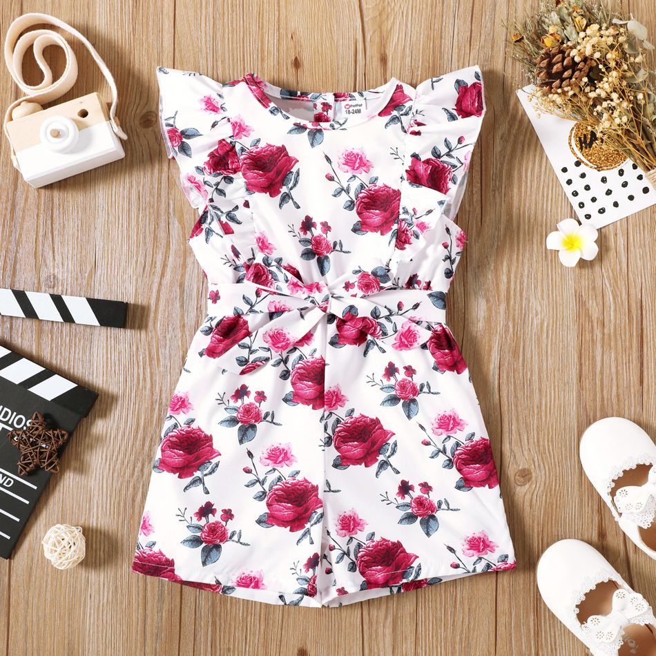 Toddler Girl Ruffled Floral Print/Red Sleeveless Rompers White big image 1