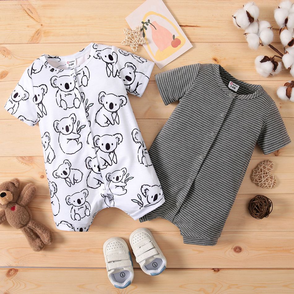 Naia™ Baby Boy/Girl Grey Striped or Allover Bear Print Short-sleeve Romper Color block big image 2