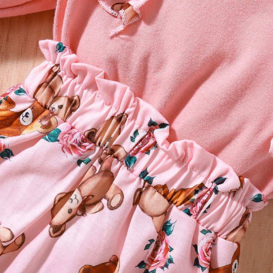 2pcs Baby Girl Ruffle Trim Bow Front Allover Bear Print Long-sleeve Naia™ Jumpsuit & Headband Set Pink big image 5