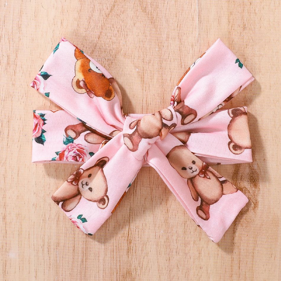2pcs Baby Girl Ruffle Trim Bow Front Allover Bear Print Long-sleeve Naia™ Jumpsuit & Headband Set Pink big image 7