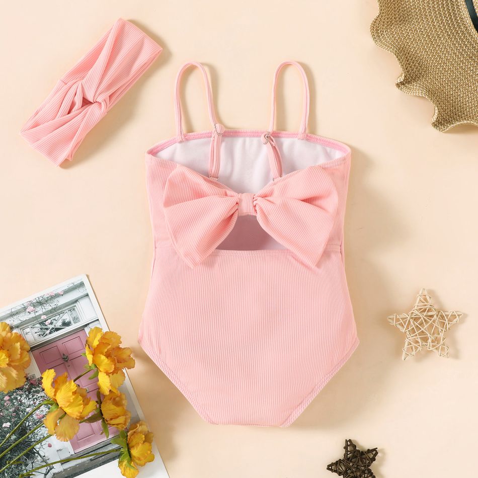 Toddler Girl Solid Color Back Bowknot Design Ribbed Slip Onepiece Swimsuits Pink big image 1