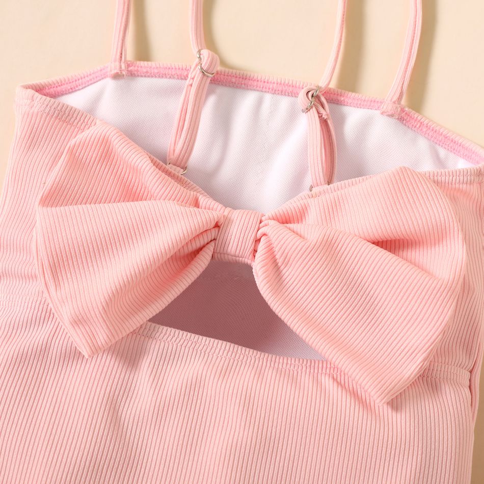 Toddler Girl Solid Color Back Bowknot Design Ribbed Slip Onepiece Swimsuits Pink big image 3