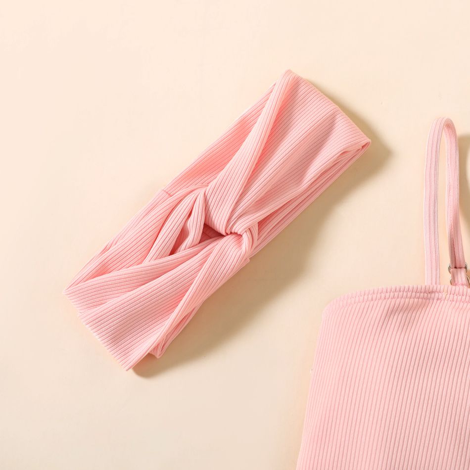 Toddler Girl Solid Color Back Bowknot Design Ribbed Slip Onepiece Swimsuits Pink big image 4