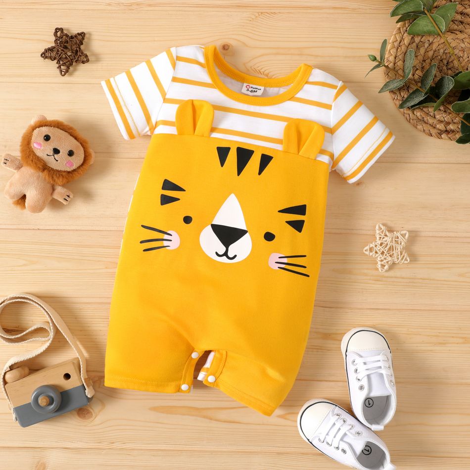 Baby Boy/Girl 95% Cotton Striped Short-sleeve 3D Ears Detail Animal Print Romper yellowwhite big image 1