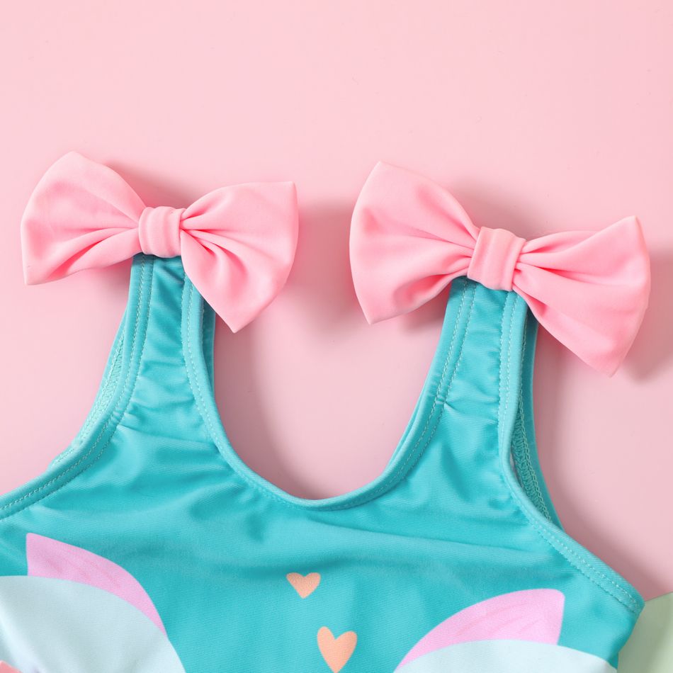 Baby Girl Fish Print Bow Decor Ruffle Trim One-piece Swimsuit Multi-color big image 3