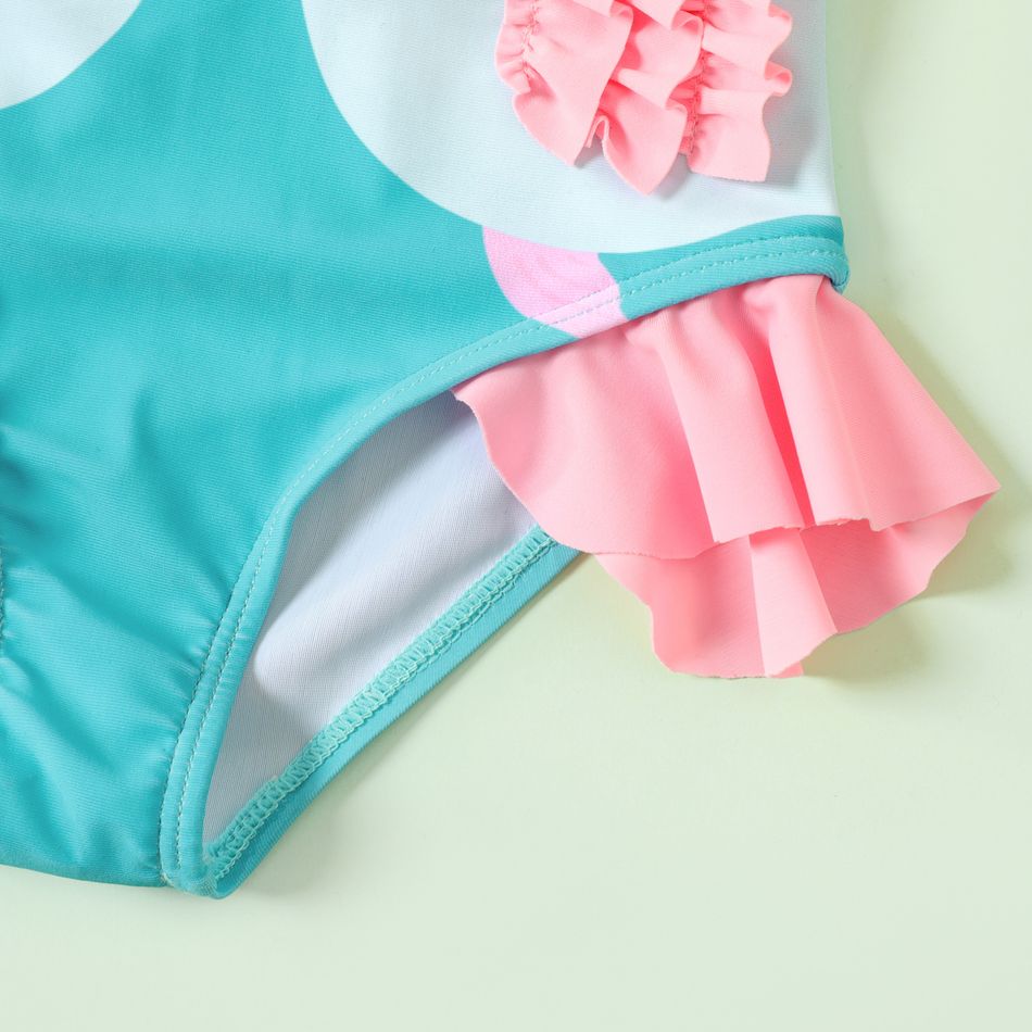 Baby Girl Fish Print Bow Decor Ruffle Trim One-piece Swimsuit Multi-color big image 5
