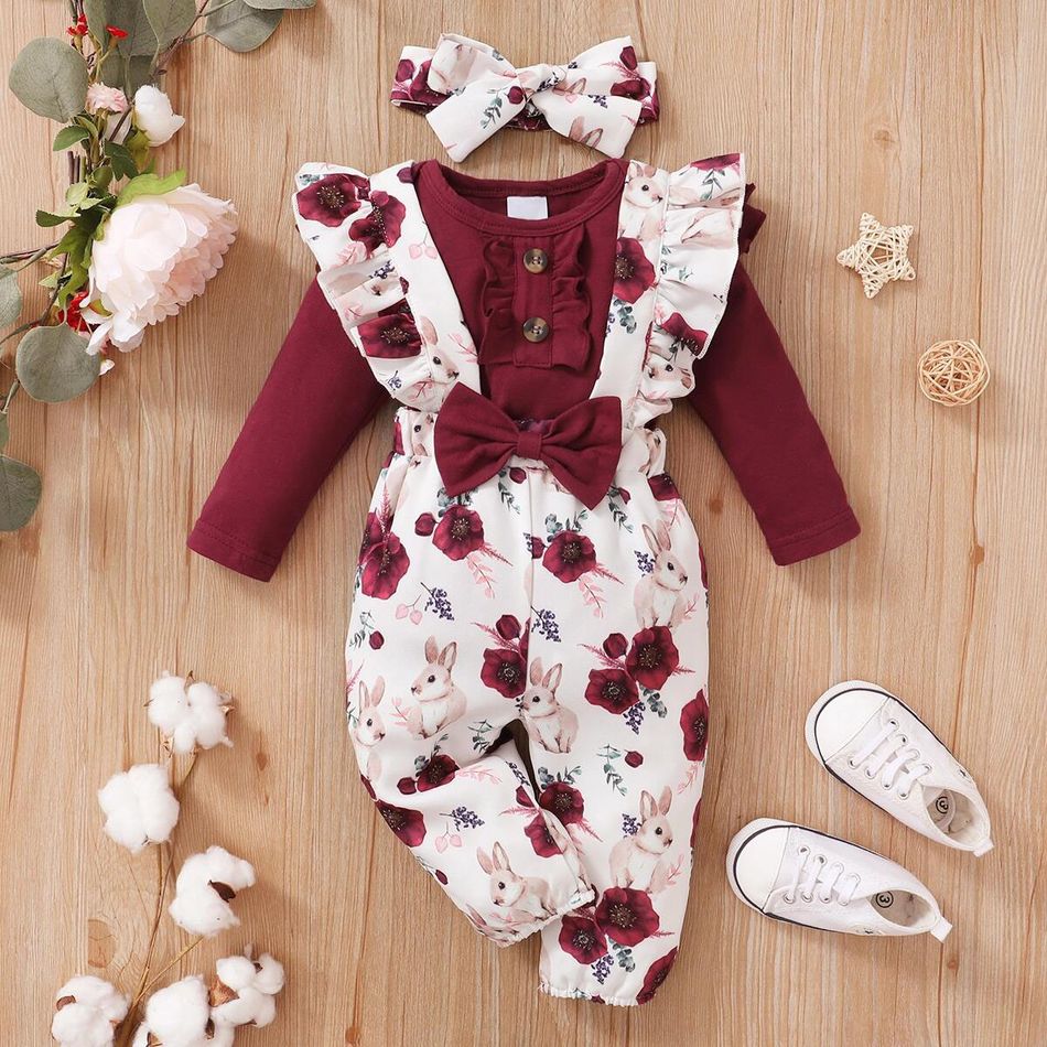 3pcs Baby Girl Solid Cotton Long-sleeve Romper and Rabbit & Floral Print Ruffle Trim Suspender Pants with Headband Set WineRed