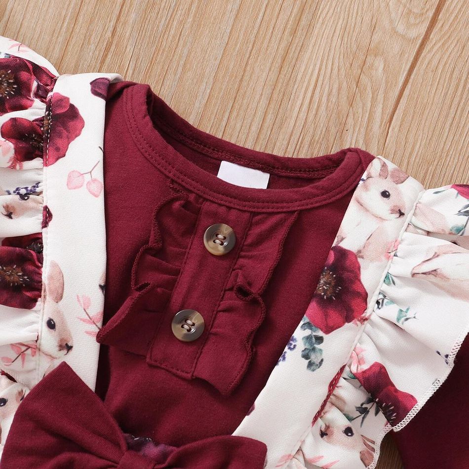 3pcs Baby Girl Solid Cotton Long-sleeve Romper and Rabbit & Floral Print Ruffle Trim Suspender Pants with Headband Set WineRed big image 5
