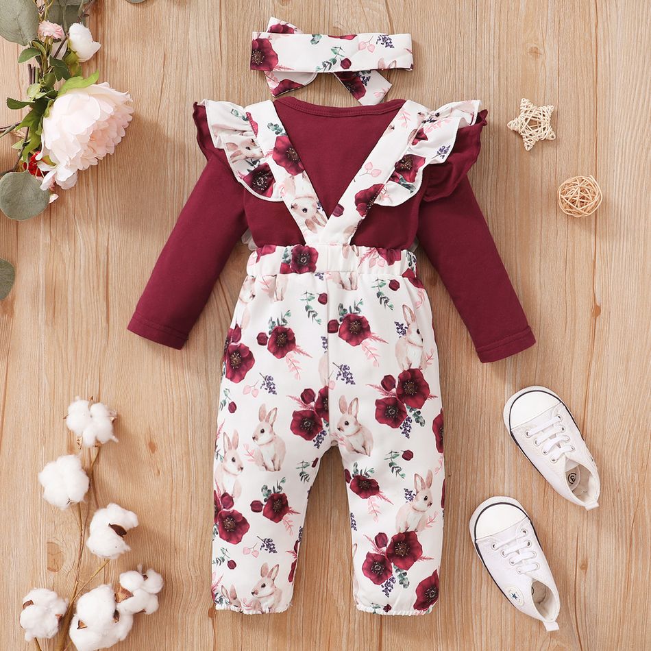 3pcs Baby Girl Solid Cotton Long-sleeve Romper and Rabbit & Floral Print Ruffle Trim Suspender Pants with Headband Set WineRed big image 2