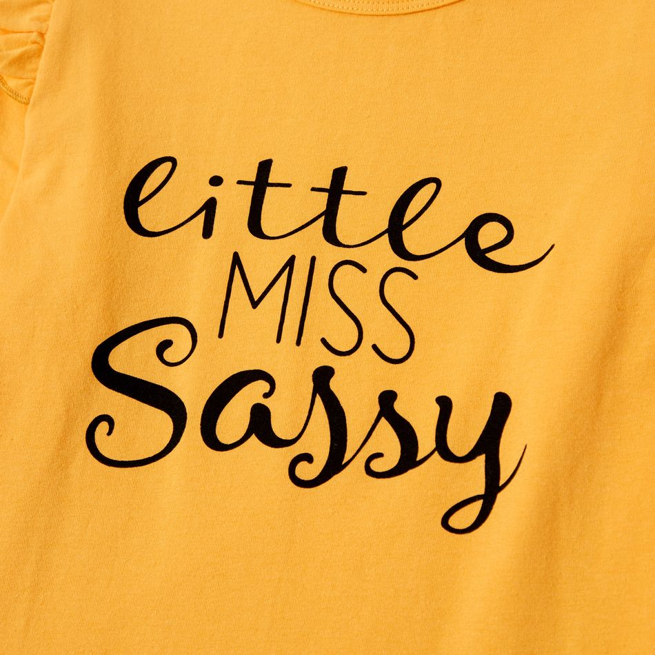 2pcs Kid Girl Ruffle Letter Print Long-sleeve Tee and Floral Print Leggings Set Yellow big image 4