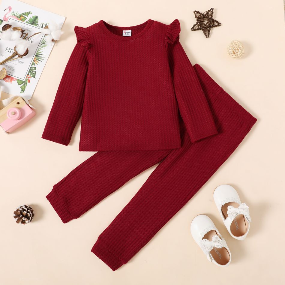 Eco-friendly RPET Fabric 2pcs Toddler Girl Ruffled Waffle Solid Color Long-sleeve Tee and Pants Set WineRed