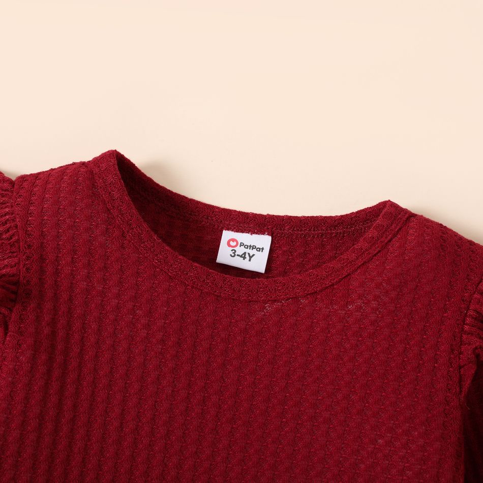 Eco-friendly RPET Fabric 2pcs Toddler Girl Ruffled Waffle Solid Color Long-sleeve Tee and Pants Set WineRed big image 4