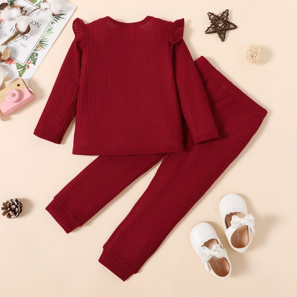 Eco-friendly RPET Fabric 2pcs Toddler Girl Ruffled Waffle Solid Color Long-sleeve Tee and Pants Set WineRed big image 2