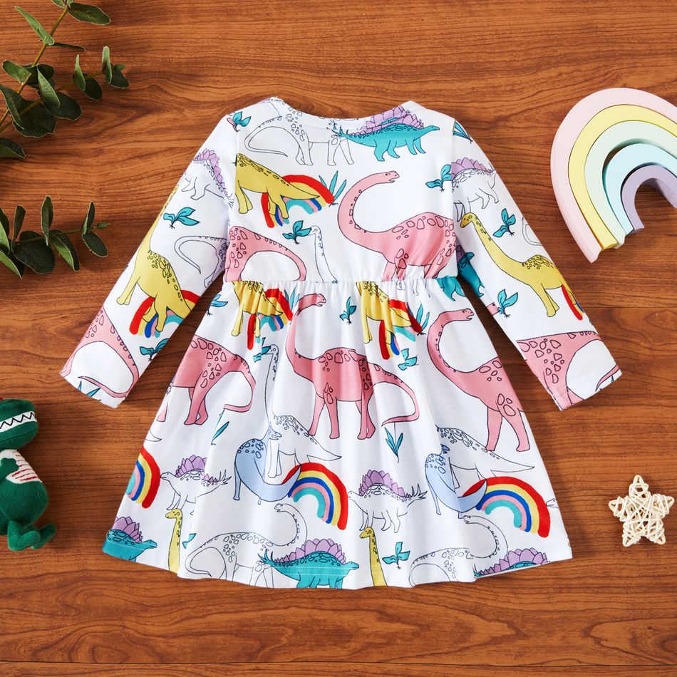 Baby Girl Cotton Long-sleeve Allover Dinosaur Print Dress Color block big image 2