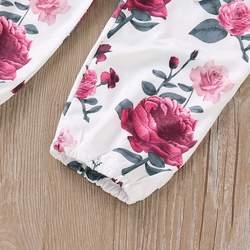 3pcs Baby Girl Solid Cotton Ribbed Ruffle Long-sleeve Romper and Floral Print Naia™ Belted Pants & Headband Set WineRed big image 6