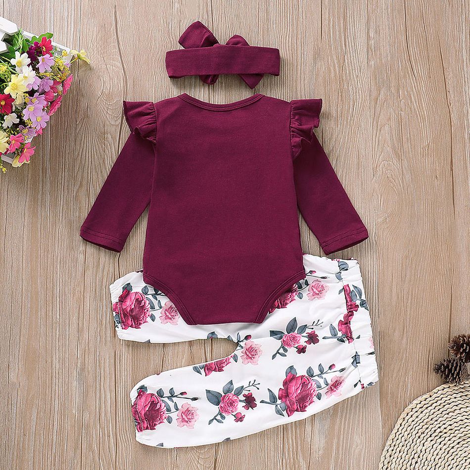 3pcs Baby Girl Solid Cotton Ribbed Ruffle Long-sleeve Romper and Floral Print Naia™ Belted Pants & Headband Set WineRed big image 2
