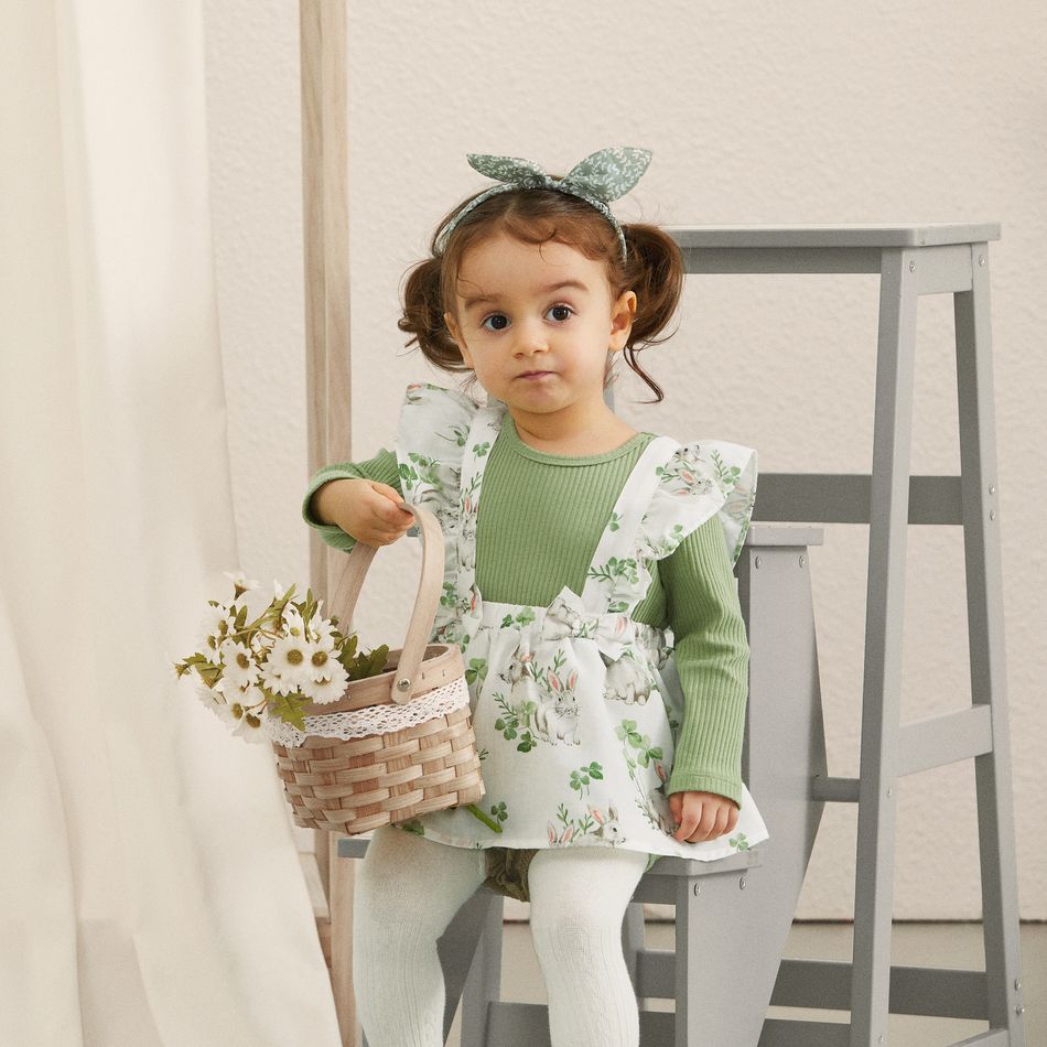 Easter Baby Girl Solid Cotton Ribbed Spliced Rabbit Print Ruffle Trim Long-sleeve Dress Green big image 1