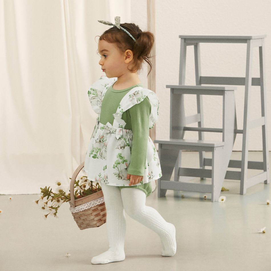 Easter Baby Girl Solid Cotton Ribbed Spliced Rabbit Print Ruffle Trim Long-sleeve Dress Green big image 3