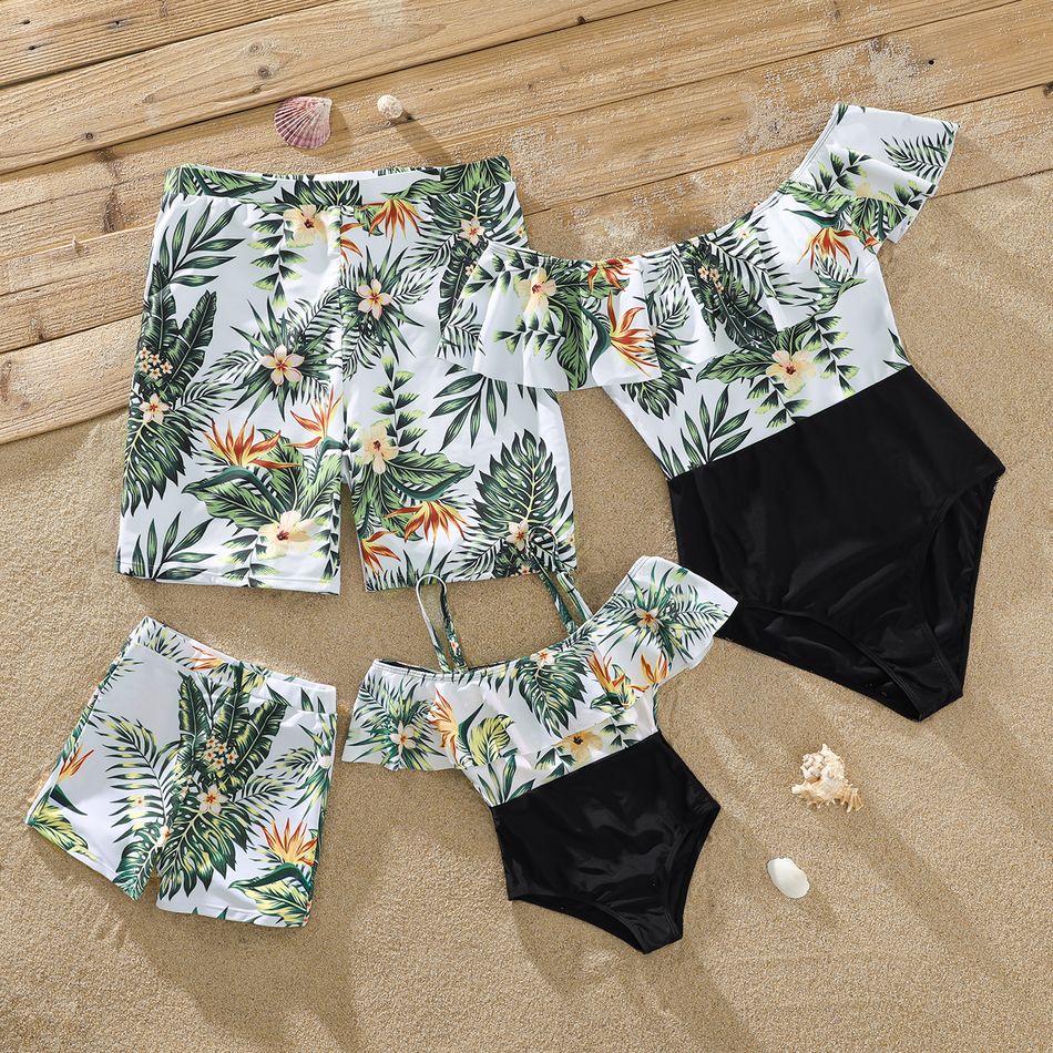 Family Matching Plant Print Ruffle Trim Spliced One-Piece Swimsuit and Swim Trunks ColorBlock big image 1
