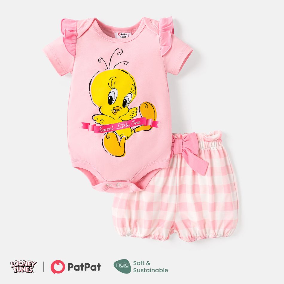 Looney Tunes 2pcs Baby Girl Graphic Print Ruffle Short-sleeve Romper and Plaid Naia™ Shorts Set Pink big image 1