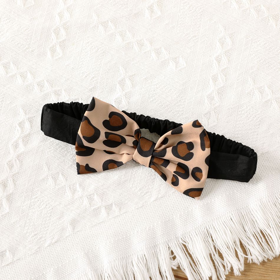 2pcs Baby Girl 95% Cotton Solid & Leopard Print Layered Ruffle Trim Sleeveless Romper and Headband Set Black big image 5