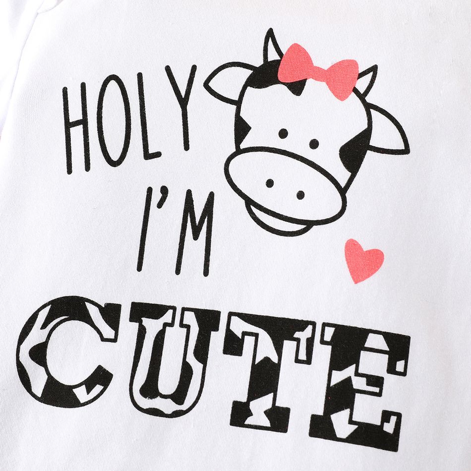 3pcs Baby Girl 95% Cotton Ruffle Short-sleeve Letter & Cow Print Romper and Polka Dots Mesh Skirt & Headband Set White big image 6