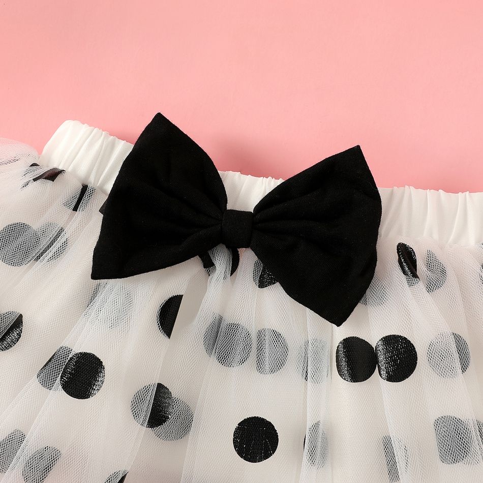 3pcs Baby Girl 95% Cotton Ruffle Short-sleeve Letter & Cow Print Romper and Polka Dots Mesh Skirt & Headband Set White big image 8
