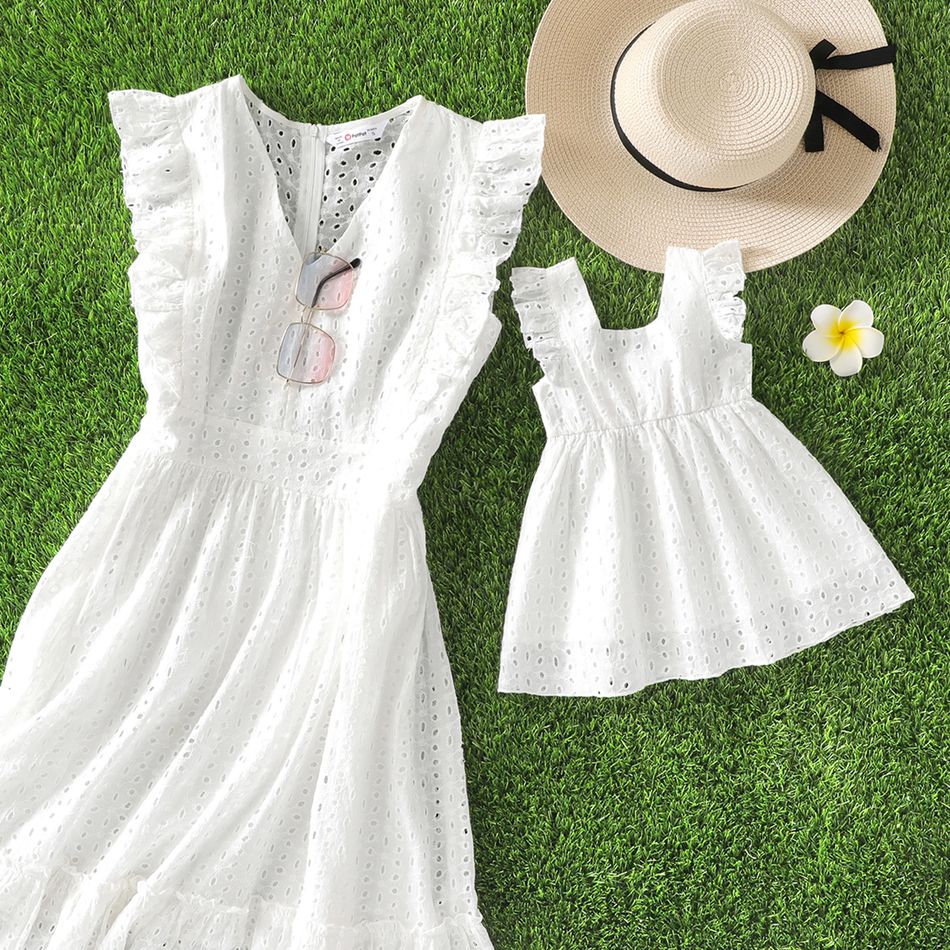 100% Cotton White Hollow-Out Floral Embroidered Ruffle Sleeveless Dress for Mom and Me White big image 4