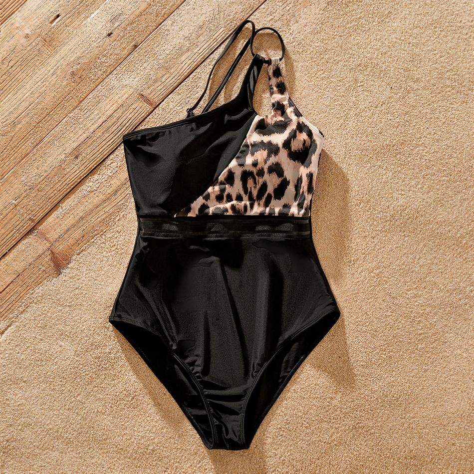 Family Matching Leopard & Black Spliced One Shoulder One-piece Swimsuit or Letter Graphic Swim Trunks Shorts Black big image 17