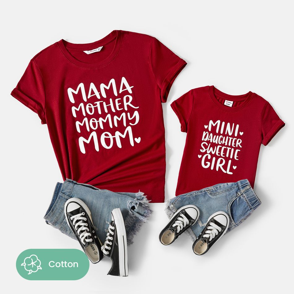Mommy and Me Cotton Short-sleeve Letter Print Tee Burgundy