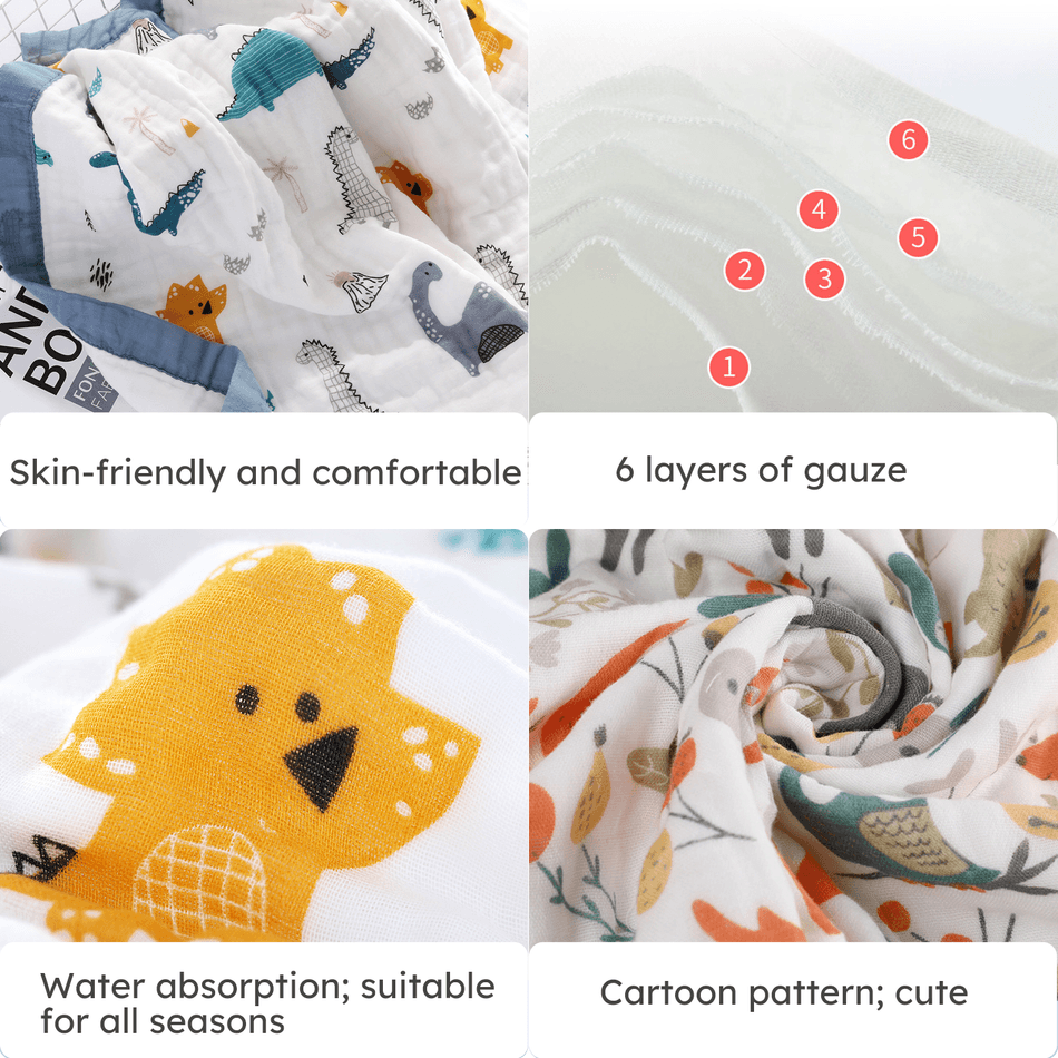 100% Cotton Cartoon Animal Dinosaur Pattern Baby Blankets 6-layer Cotton Gauze Soft Absorbent Newborn Swaddle Blanket Shower Wipes Orange big image 2