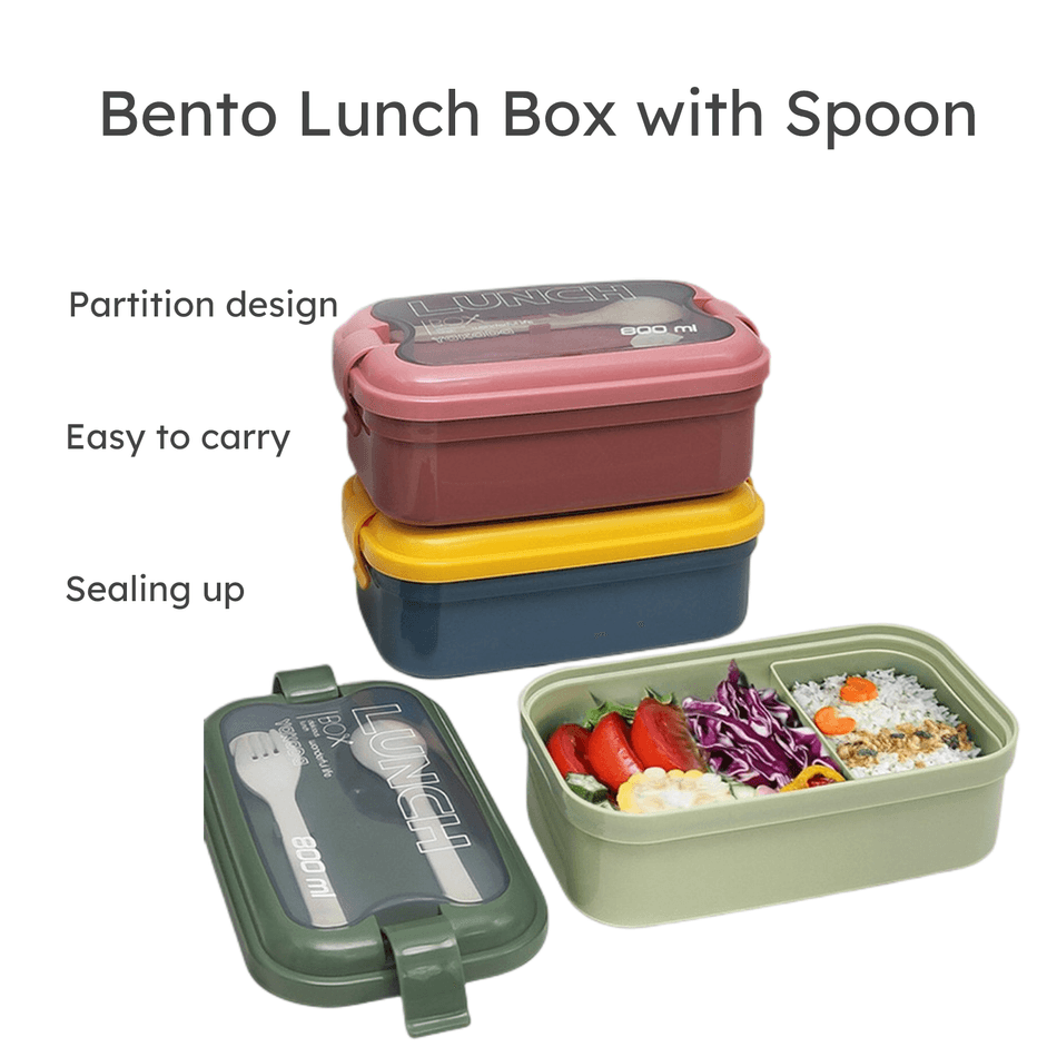 Bento Lunch Box with Spoon & Fork Reusable Plastic Divided Food Storage Container Boxes Meal Prep Containers for Kids & Adults Green big image 3