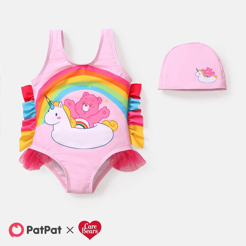 Care Bears Baby Girl 2pcs Bear Print Colorful Ruffle Trim One-piece Swimsuit & Cap Set Light Pink