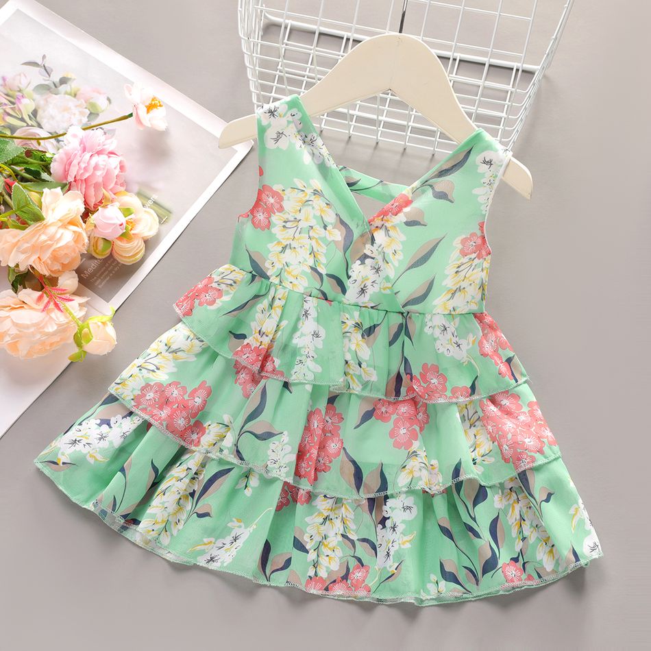Dots or Floral Print Flounce Layered Sleeveless Baby Dress Green